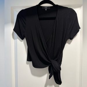 Black v-neck short sleeved wrap top